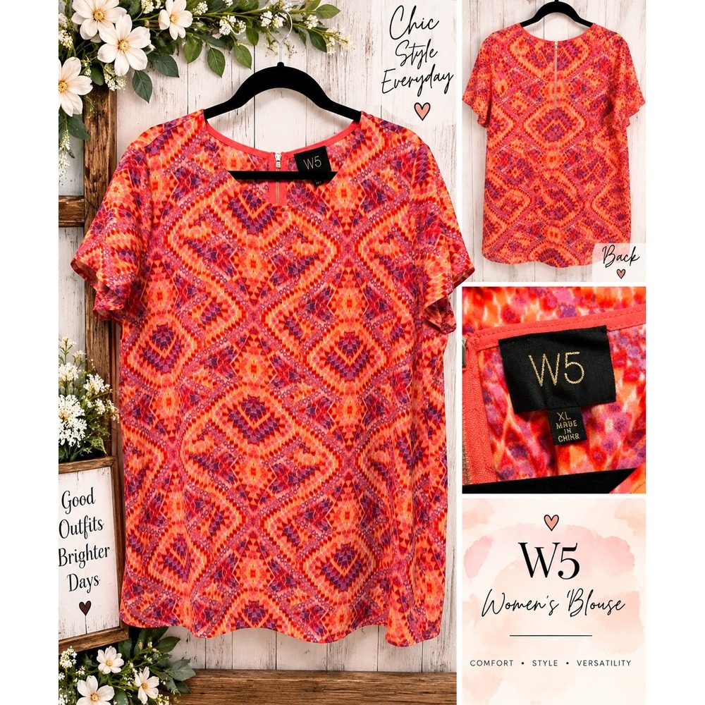 W5 Women Orange Pink Geometric Ikat Print Back Zip Blouse XL Short Sleeve Top